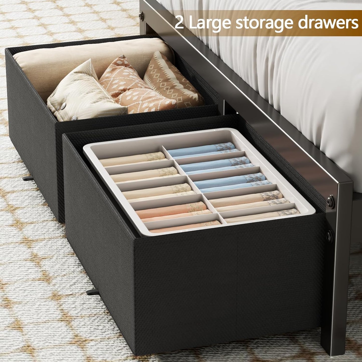 LED Bed Frame with Storage Drawers, Metal Mesh Headboard with Charging Station, RGB Platform Bed