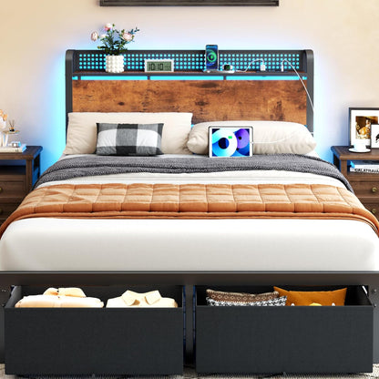 LED Bed Frame with Storage Drawers, Metal Mesh Headboard with Charging Station, RGB Platform Bed