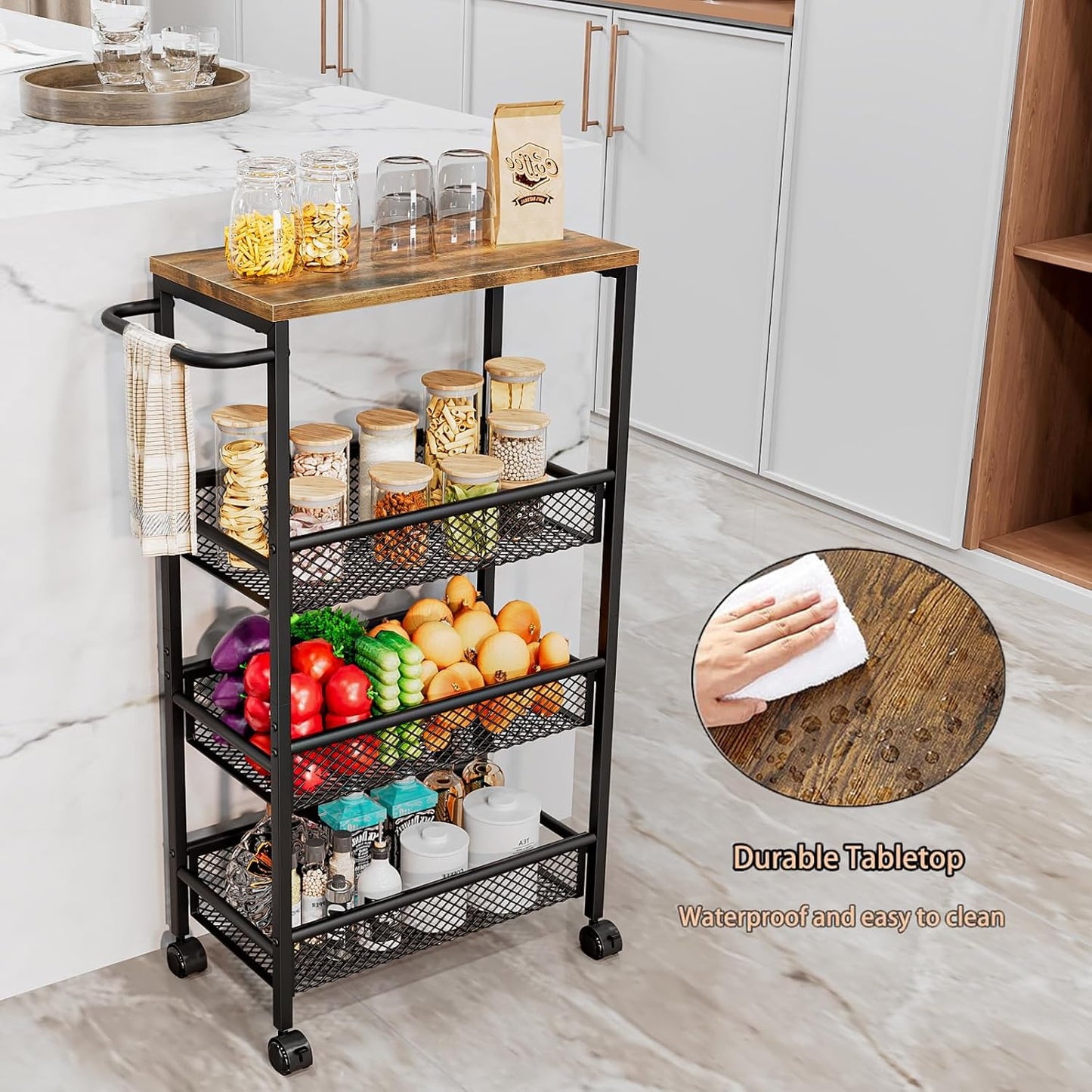 Slim Rolling Storage Cart, 5-Tier Narrow Kitchen Organizer with Wheels, Metal Utility Cart for Small Spaces
