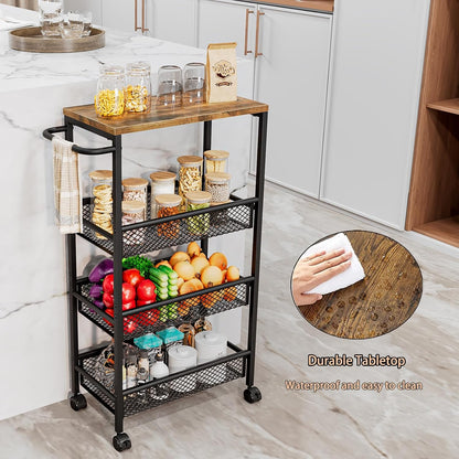 Slim Rolling Storage Cart, 5-Tier Narrow Kitchen Organizer with Wheels, Metal Utility Cart for Small Spaces