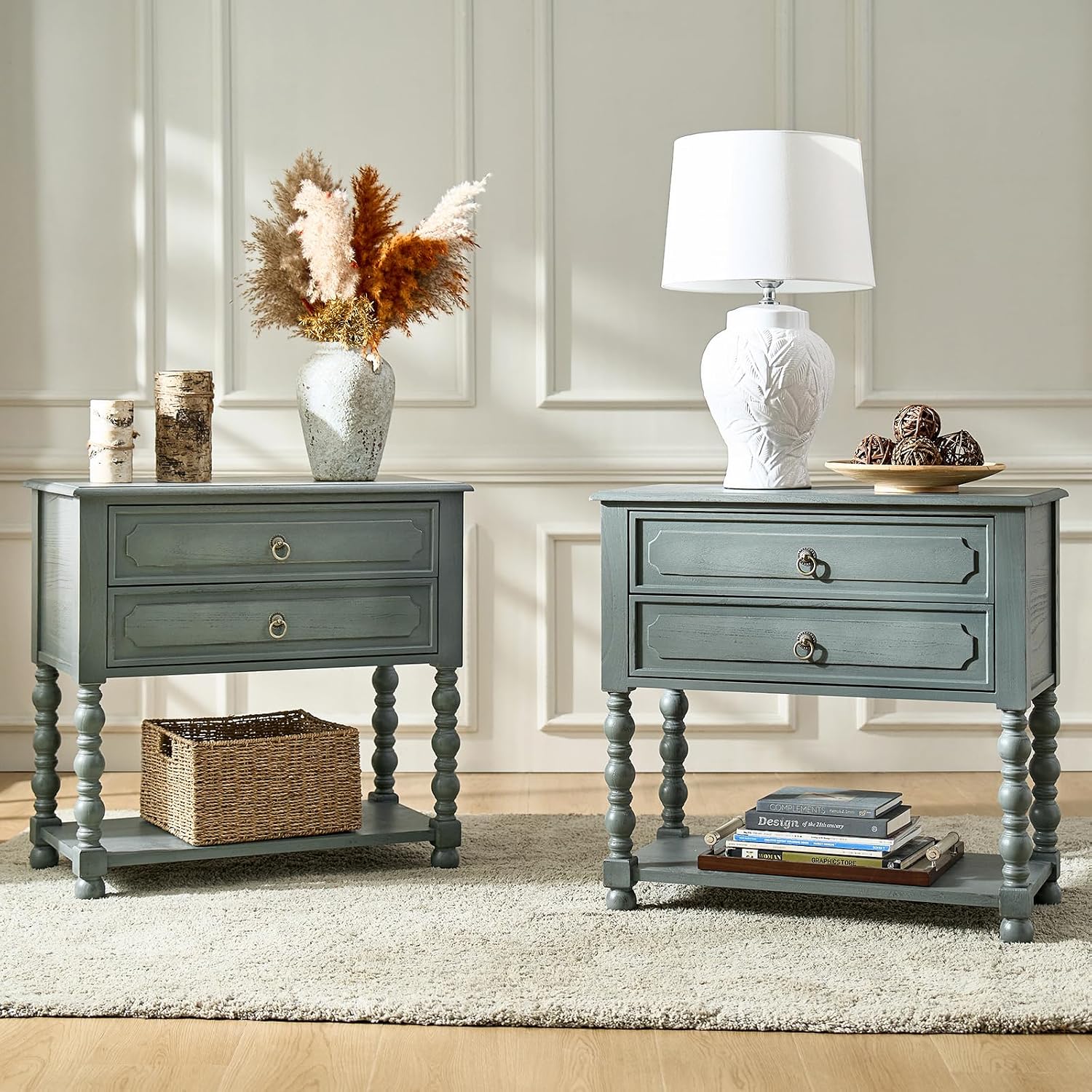 Vintage Solid Wood Nightstand with Drawers, Open Shelf and Charging Station