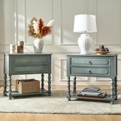 Vintage Solid Wood Nightstand with Drawers, Open Shelf and Charging Station