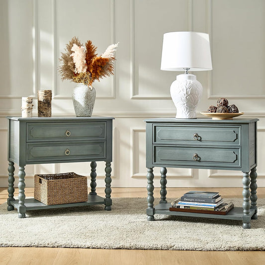 Vintage Solid Wood Nightstand with Drawers, Open Shelf and Charging Station