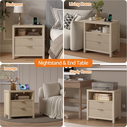 Nightstand with Charging Station, Fluted Wood Bedside Table with Drawer & Open Shelf, Modern End Table