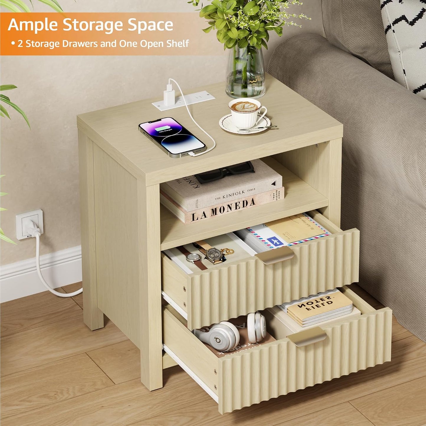 Nightstand with Charging Station, Fluted Wood Bedside Table with Drawer & Open Shelf, Modern End Table