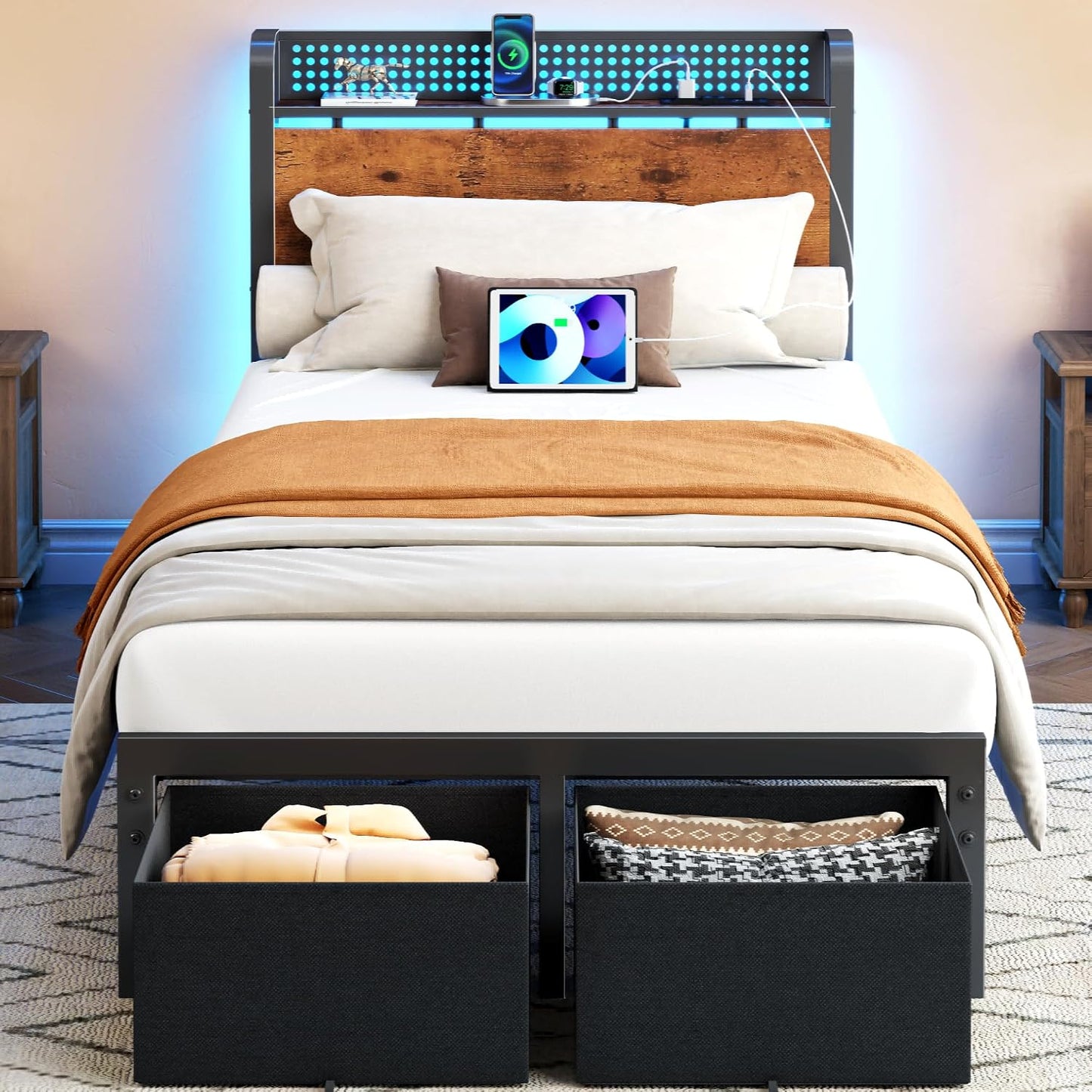 LED Bed Frame with Storage Drawers, Metal Mesh Headboard with Charging Station, RGB Platform Bed