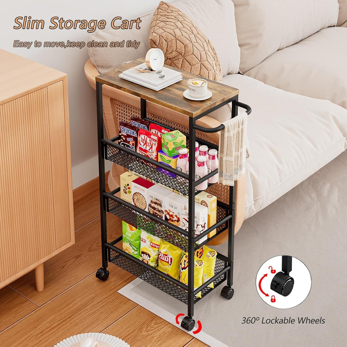 Slim Rolling Storage Cart, 5-Tier Narrow Kitchen Organizer with Wheels, Metal Utility Cart for Small Spaces