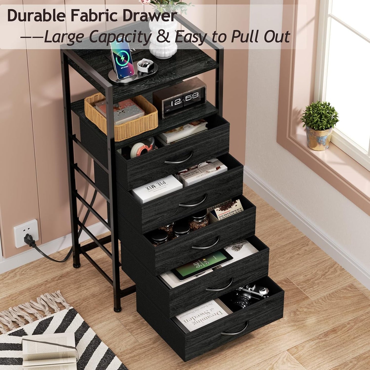 LED Nightstand with Charging Station, 4-Drawer Fabric Dresser, RGB Tall Bedside Table with Open Shelves