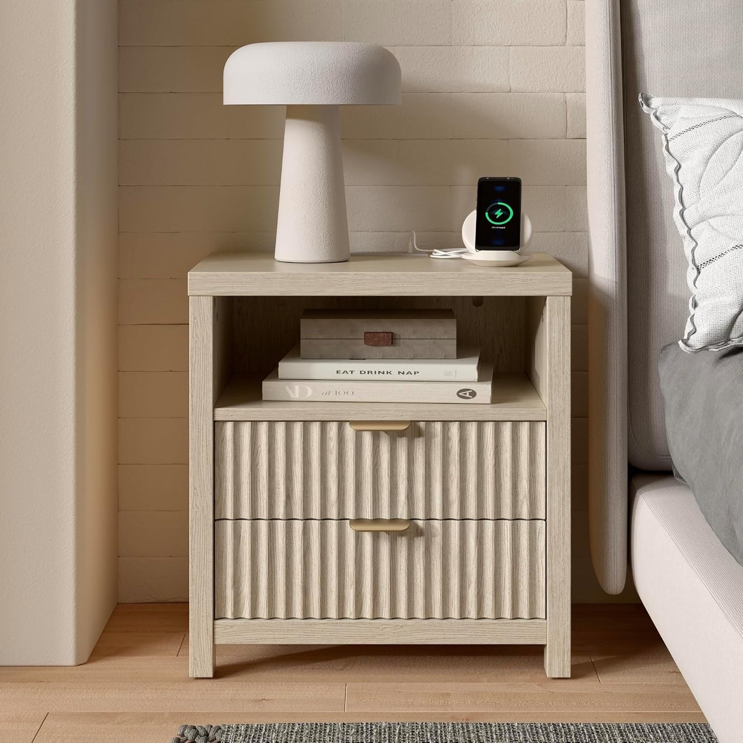 Nightstand with Charging Station, Fluted Wood Bedside Table with Drawer & Open Shelf, Modern End Table