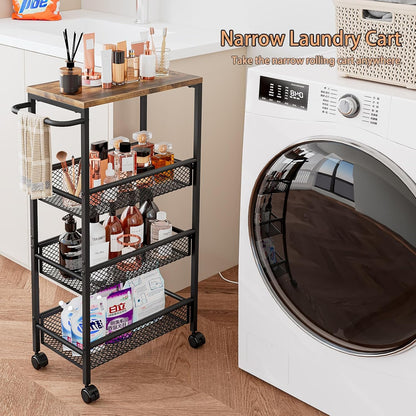 Slim Rolling Storage Cart, 5-Tier Narrow Kitchen Organizer with Wheels, Metal Utility Cart for Small Spaces