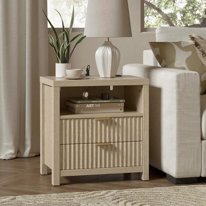 Nightstand with Charging Station, Fluted Wood Bedside Table with Drawer & Open Shelf, Modern End Table