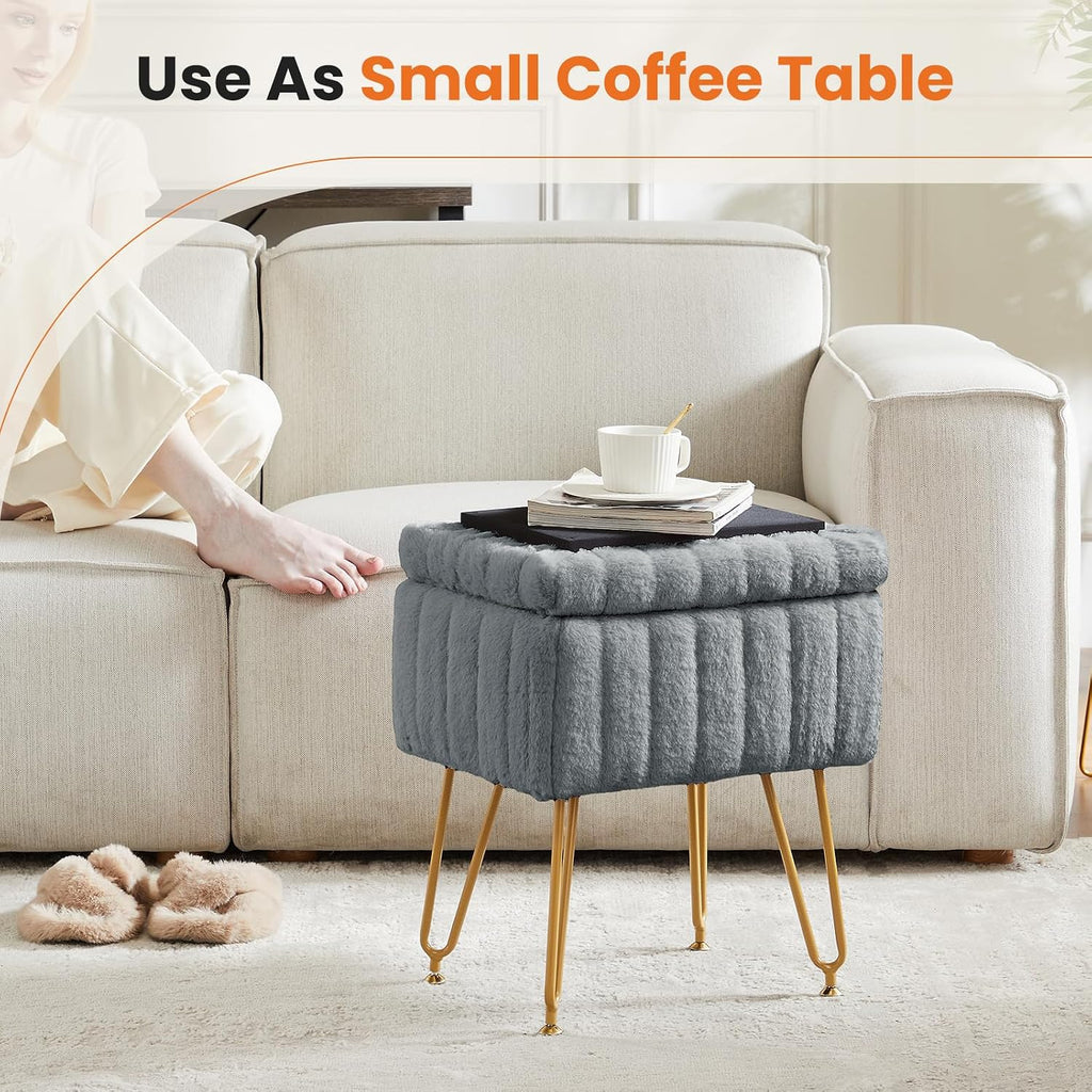 Faux Fur Vanity Stool with Storage, Makeup Chair Ottoman with Gold Legs, Multi-Functional Footrest Stool