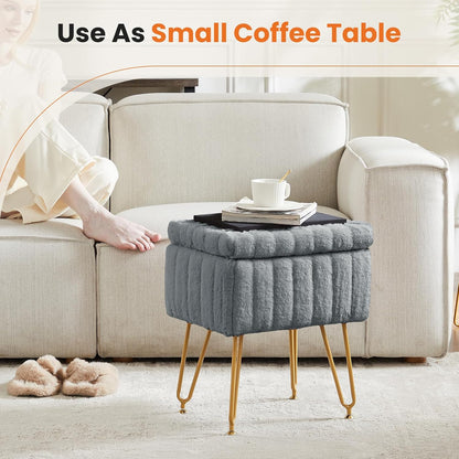 Faux Fur Vanity Stool with Storage, Makeup Chair Ottoman with Gold Legs, Multi-Functional Footrest Stool