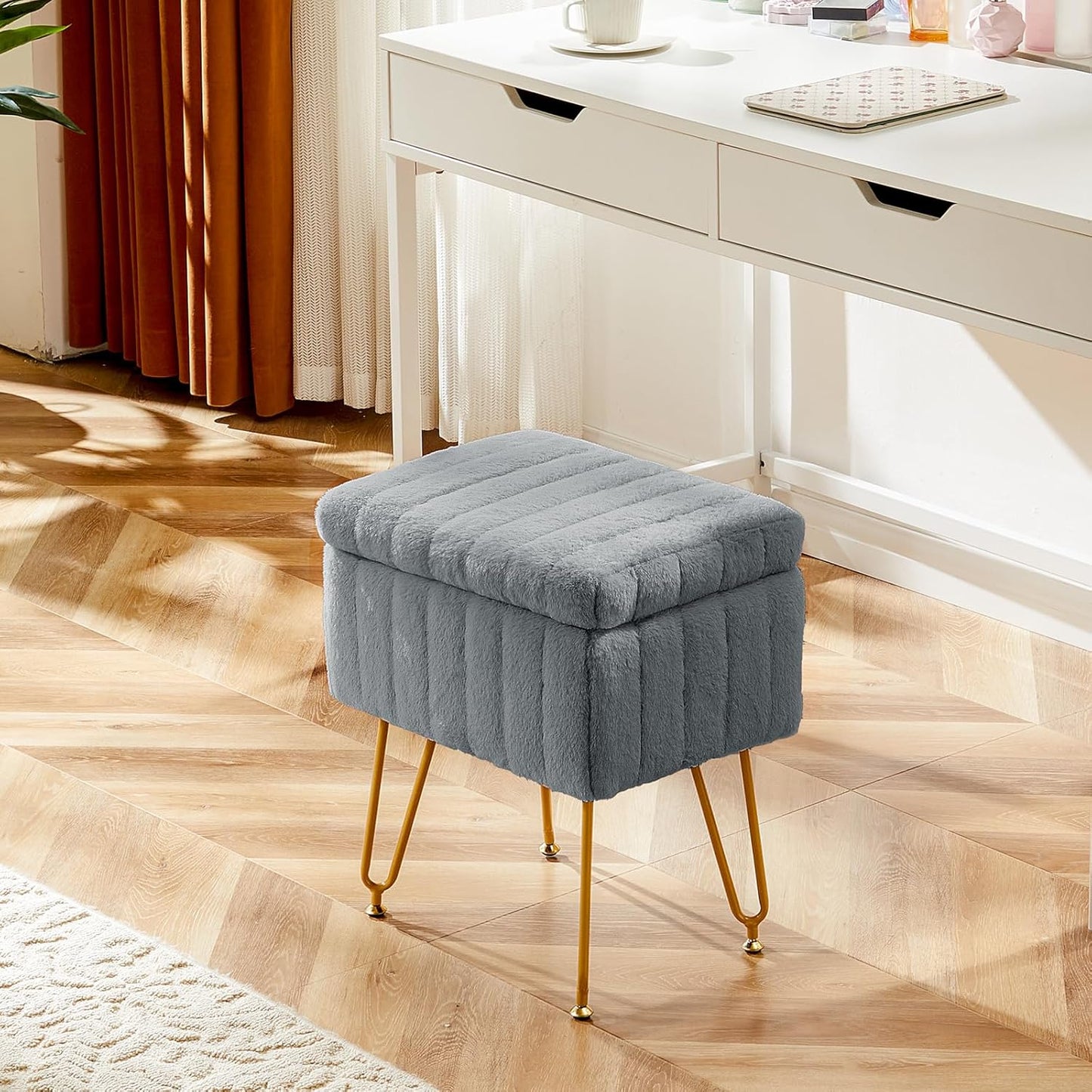 Faux Fur Vanity Stool with Storage, Makeup Chair Ottoman with Gold Legs, Multi-Functional Footrest Stool