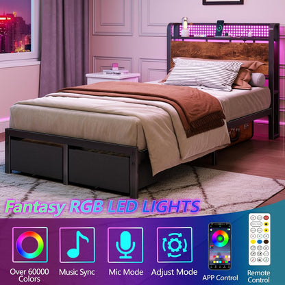 LED Bed Frame with Storage Drawers, Metal Mesh Headboard with Charging Station, RGB Platform Bed