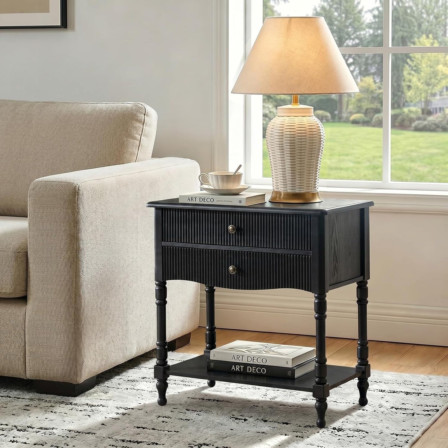 Modern 3-Tier Side Table with Built-In Charging Station and Solid Wood Frame