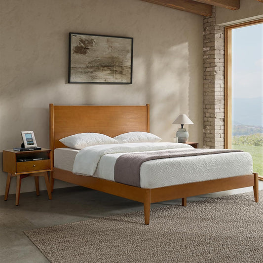 Complete Mid-Century Modern Bedroom Set with Bed Frame and Two Smart Nightstands