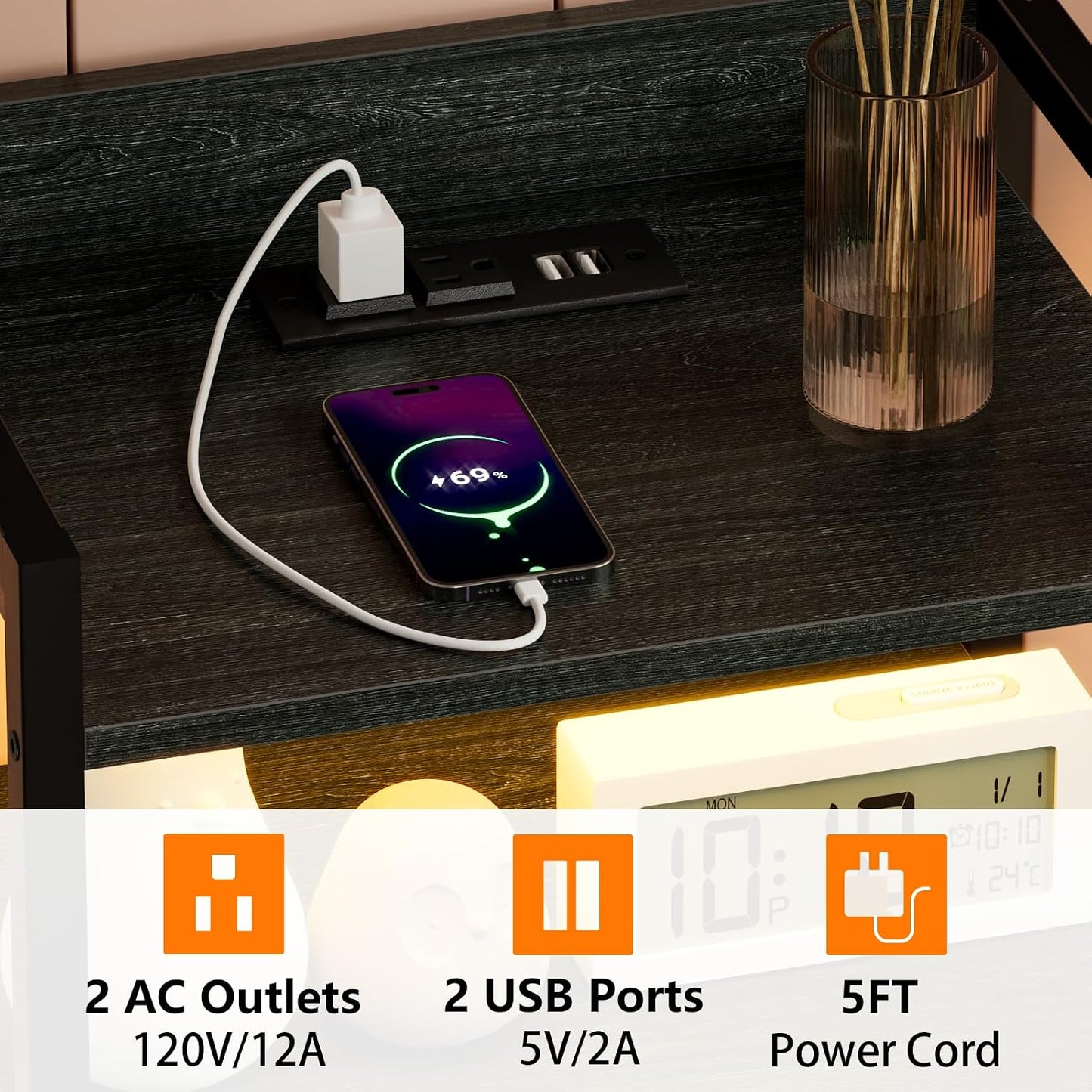 LED Nightstand with Charging Station, 4-Drawer Fabric Dresser, RGB Tall Bedside Table with Open Shelves