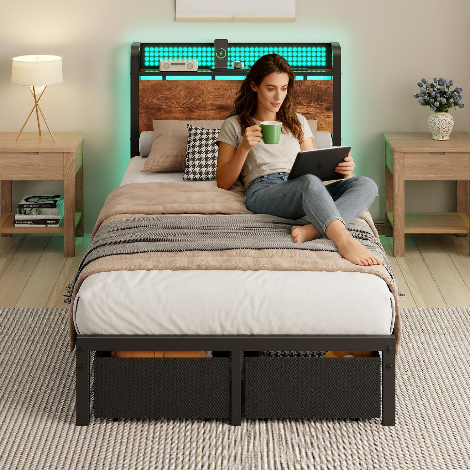LED Bed Frame with Storage Drawers, Metal Mesh Headboard with Charging Station, RGB Platform Bed