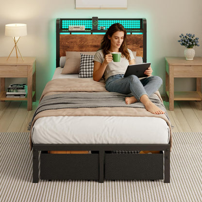 LED Bed Frame with Storage Drawers, Metal Mesh Headboard with Charging Station, RGB Platform Bed