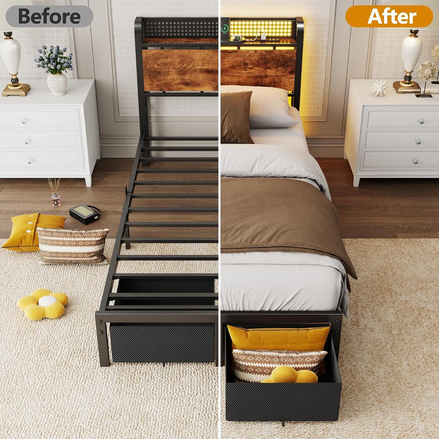 LED Bed Frame with Storage Drawers, Metal Mesh Headboard with Charging Station, RGB Platform Bed