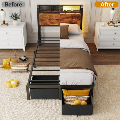 LED Bed Frame with Storage Drawers, Metal Mesh Headboard with Charging Station, RGB Platform Bed